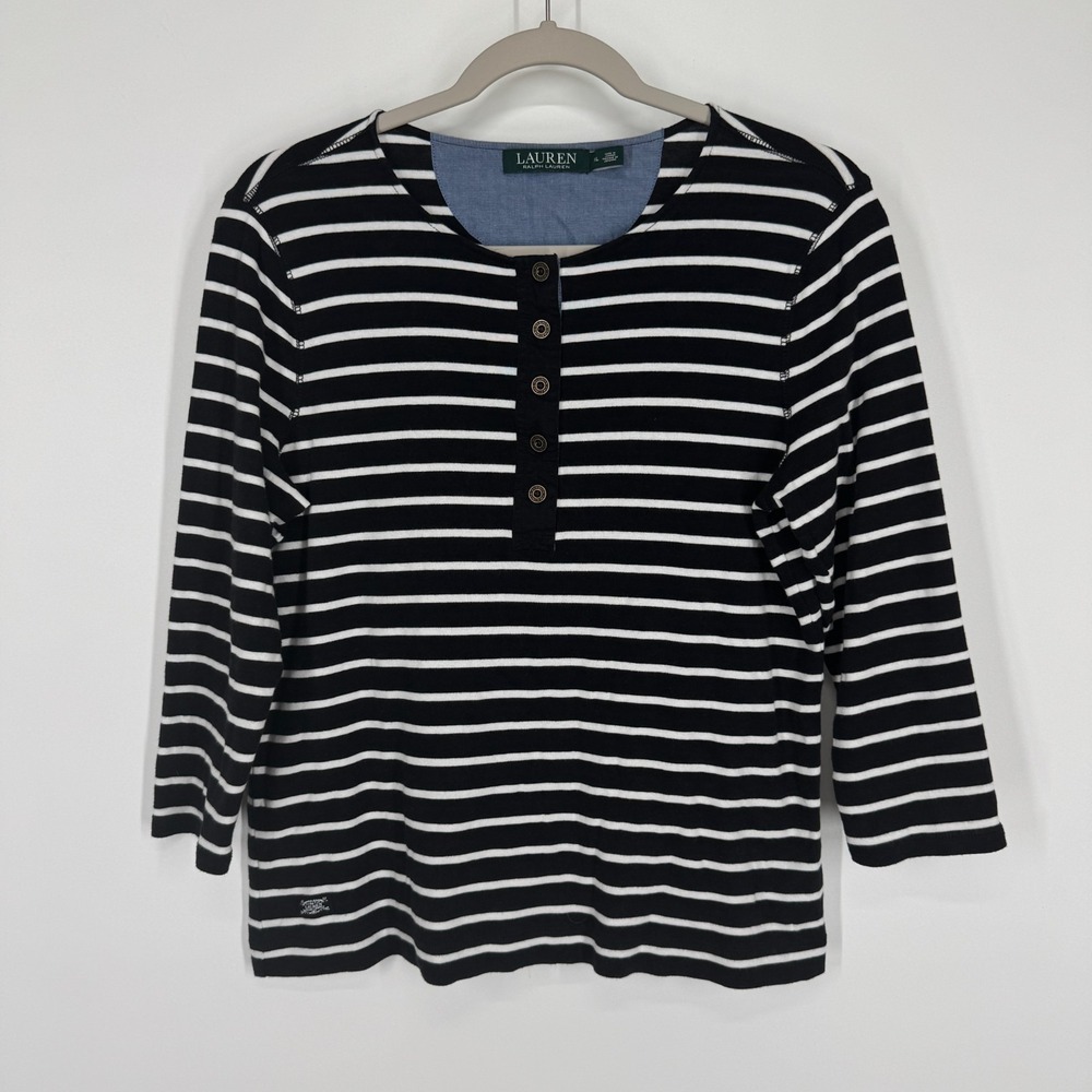Lauren Ralph Lauren XL Black White Striped 3/4 Sleeve Classic Old Money Henley